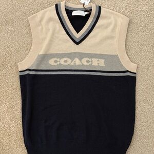 Coach Men's V-Neck Cream and Navy Sweater Vest